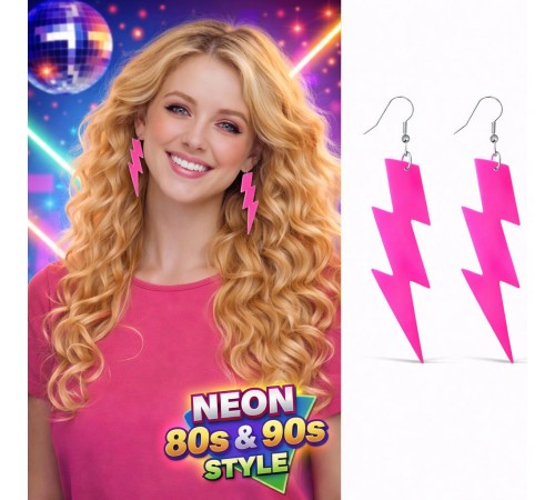 80’ler 90'lar Retro Neon Pembe Şimşek Küpe 10 cm