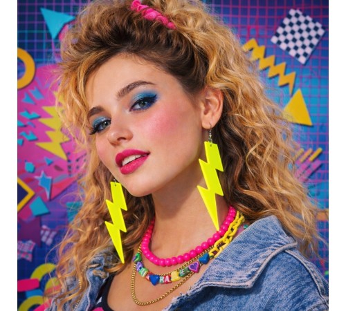 80’ler 90'lar Retro Neon Sarı Şimşek Küpe 10 cm