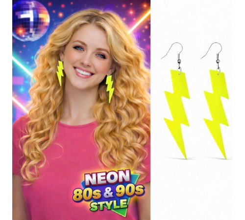 80’ler 90'lar Retro Neon Sarı Şimşek Küpe 10 cm