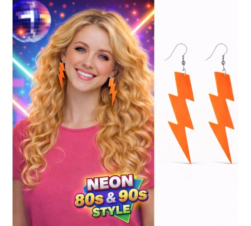80’ler 90'lar Retro Neon Turuncu Şimşek Küpe 10 cm