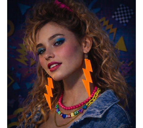 80’ler 90'lar Retro Neon Turuncu Şimşek Küpe 10 cm