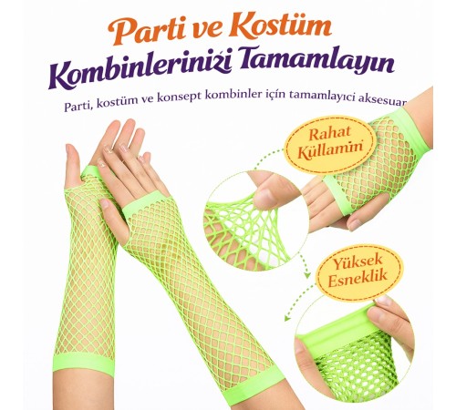 80’ler 90’lar Retro Neon Yeşil File Parmaksız Eldiven 26 cm