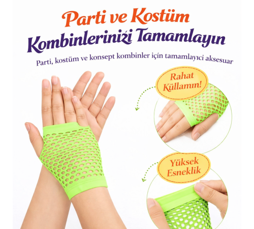 80’ler 90’lar Retro Neon Yeşil File Parmaksız Kısa Eldiven 11 cm