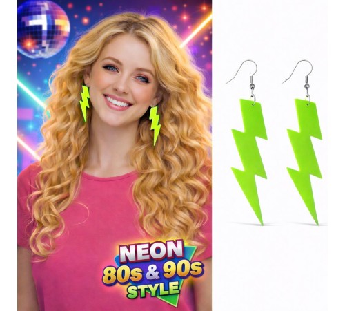 80’ler 90'lar Retro Neon Yeşil Şimşek Küpe 10 cm