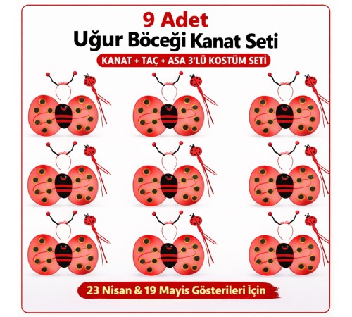 9’lu Uğur Böceği Ateş Böceği Kostüm Seti – Kanat Taç Asa