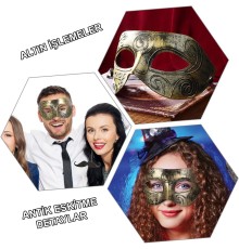 Altın Eskitme Yüz Maskesi - Antik Tarz Balo Maskesi