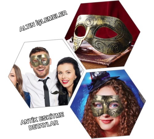 Altın Eskitme Yüz Maskesi - Antik Tarz Balo Maskesi