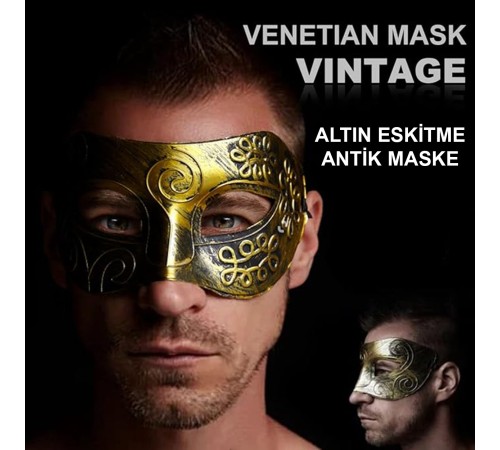 Altın Eskitme Yüz Maskesi - Antik Tarz Balo Maskesi