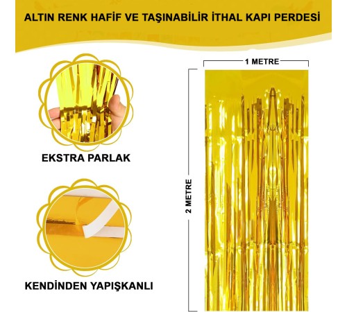 Altın Gold Renk Ekstra Metalize Parlak Saçaklı Arka Fon Perde İthal A Kalite 1x2 Metre