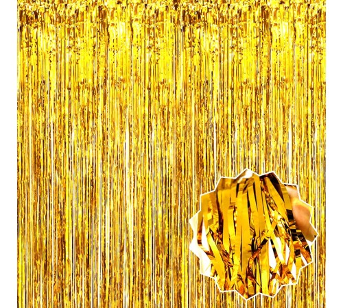 Altın Gold Renk Ekstra Metalize Parlak Saçaklı Arka Fon Perde İthal A Kalite 1x2 Metre