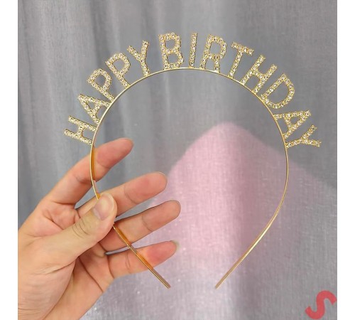 Altın Gold Renk Kristal Taşlı Parlak Happy Birthday Taç 16x17 cm