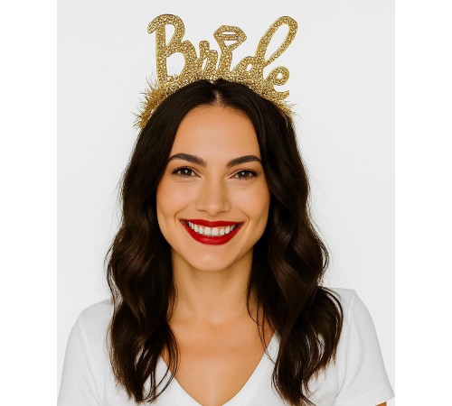 Altın Renk Bekarlığa Veda İtalik Yazı Alyanslı Bride Taç