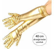 Altın Renk Dirsek Altı Lüks Saten Eldiven 40 cm