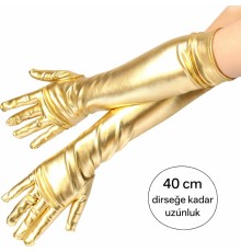 Altın Renk Dirsek Altı Lüks Saten Eldiven 40 cm