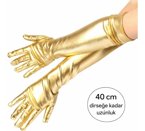 Altın Renk Dirsek Altı Lüks Saten Eldiven 40 cm