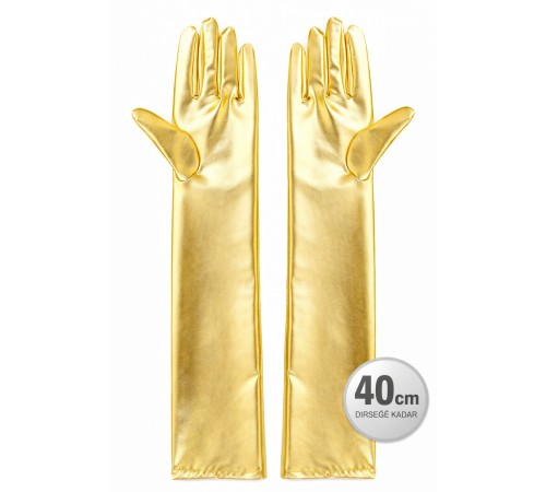 Altın Renk Dirsek Altı Lüks Saten Eldiven 40 cm
