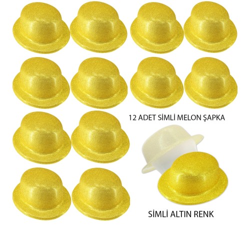 Altın Renk Simli Melon Yuvarlak Parti Şapkası 12 Adet