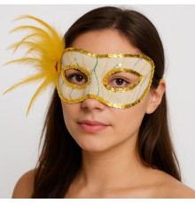 Altın Renk Yandan Tüylü Pul Payet İşlemeli Parti Maskesi 23x12 cm