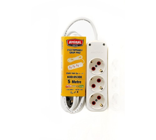 Amiral 3' lü Topraklı 5 Metre Kablolu Grup Priz