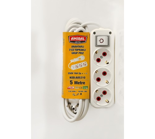 Amiral 3' lü Topraklı Anahtarlı 5 Metre Kablolu Grup Priz