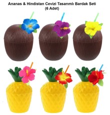 Ananas & Hindistan Cevizi Tasarımlı Pipetli Bardak Seti (6 Adet)