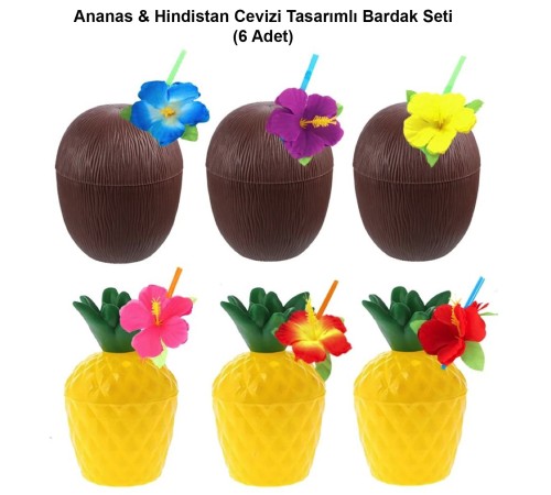 Ananas & Hindistan Cevizi Tasarımlı Pipetli Bardak Seti (6 Adet)