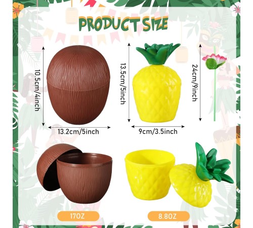 Ananas & Hindistan Cevizi Tasarımlı Pipetli Bardak Seti (6 Adet)