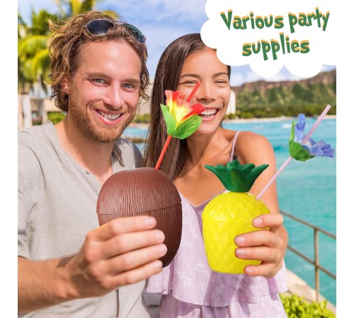 Ananas & Hindistan Cevizi Tasarımlı Pipetli Bardak Seti (6 Adet)