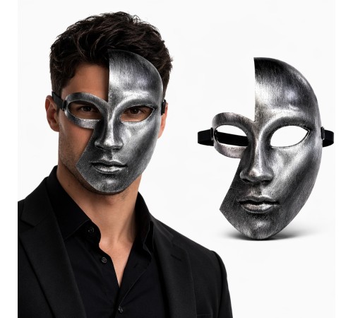 Antik Efektli Gümüş Yarım Yüz Plastik Parti Maskesi