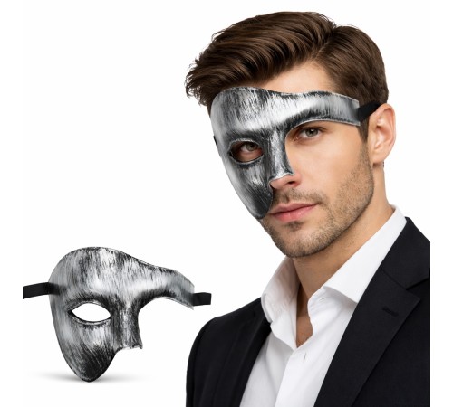 Antik Eskitme Gümüş Erkek Yarım Maske - Phantom & Balo Maskesi
