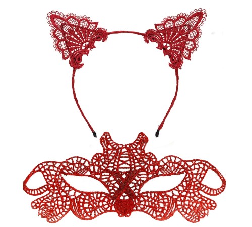 Ateş Kırmızısı Dantel Taç ve Maske Seti 10 No - Maskeli Balo & Özel Gün Seti