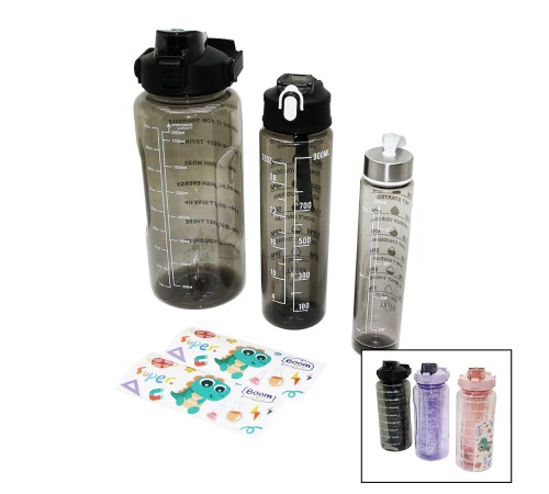 MATARA 3PCS ŞEFFAF RENKLİ 500-900-2000ML PİPETLİ MOTİVASYON SULUK MATARA TELEFONLUKLU