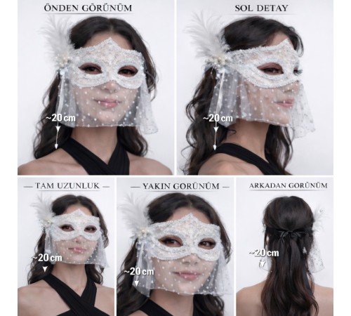 Beyaz Dantel Tüllü Peçeli Parti Maskesi – Tüylü İnci Detaylı