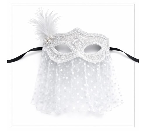 Beyaz Dantel Tüllü Peçeli Parti Maskesi – Tüylü İnci Detaylı