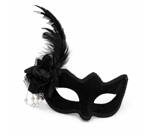 Beyaz İnci Detaylı Siyah Süet Venedik Kadın Maskesi Tüylü Güllü