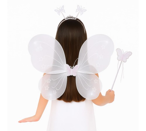 Beyaz Kelebek Kız Seti – 50 cm Kelebek Kanadı, Taç ve Asa