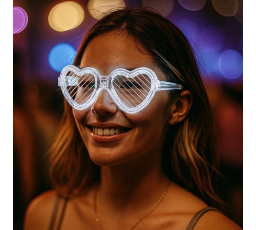 Beyaz LED Işıklı Kalp Gözlük – 3 Modlu Parti & Glow Gözlüğü