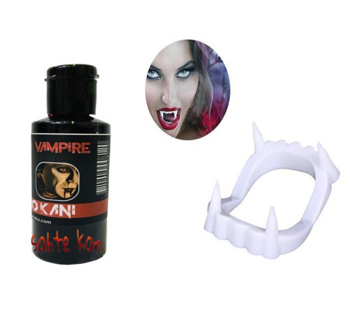 Beyaz Renk Çift Damak Takma Vampir Dişi ve 50 gr Tiyatro Kanı