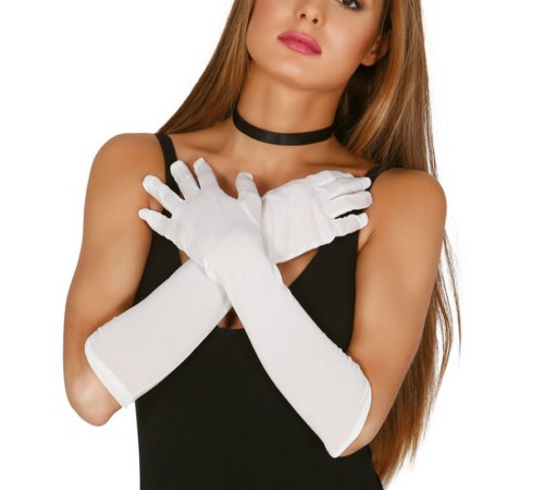 Beyaz Renk Dirseğe Kadar Uzun Kumaş Eldiven 40 cm