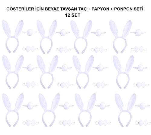 Beyaz Tavşan Kostüm Seti – Taç, Papyon, Kuyruk (12’li Paket)
