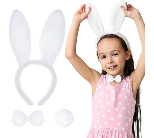 Beyaz Tavşan Kostüm Seti – Taç, Papyon, Kuyruk (12’li Paket)