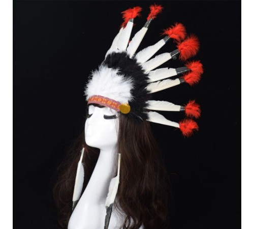 Beyaz Tüylü Siyah Kırmızı Büyük Hintli Kızılderili Başlığı