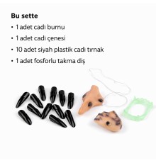 Cadı Aksesuar Seti – Burun, Çene, Fosforlu Diş ve 10 Adet Siyah Tırnak