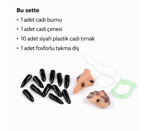 Cadı Aksesuar Seti – Burun, Çene, Fosforlu Diş ve 10 Adet Siyah Tırnak