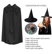 Cadı Kostüm Seti 6 Parça - Şapka Pelerin Diş Tırnaklar Çene ve Burun