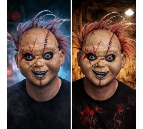 Çaki Korku Bebek Maskesi – Saçlı Plastik Yüz Maskesi