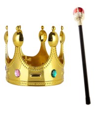 Çocuk Boy Altın Renk Kral Tacı ve Kırmızı Topuzlu Kral Asası