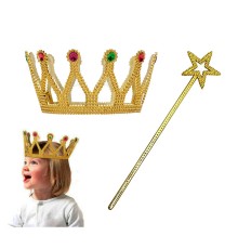 Çocuk Boy Kraliçe Prenses Tacı ve Yıldız Peri Asası Altın Renk