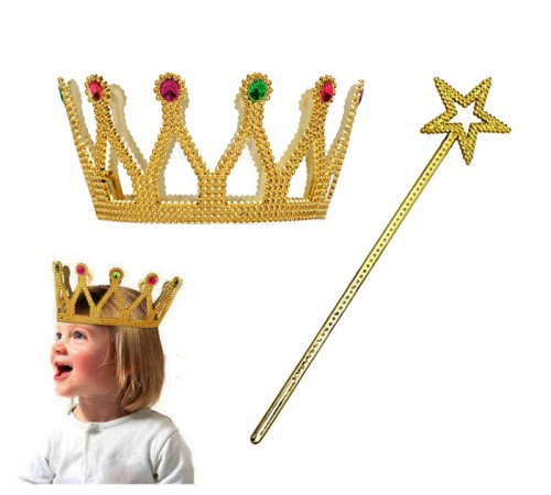 Çocuk Boy Kraliçe Prenses Tacı ve Yıldız Peri Asası Altın Renk
