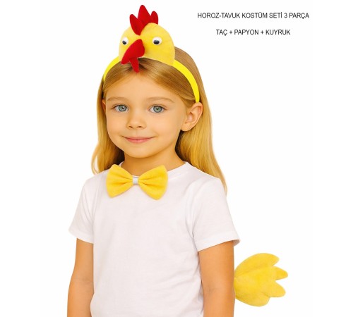 Çocuk Horoz Tavuk Kostüm Seti 3 Parça (Taç + Papyon + Kuyruk)